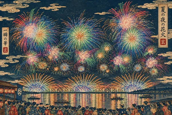 なにわ淀川花火大会浮世絵3 Naniwa Yodogawa Fireworks Festival Ukiyo-e 3 - 縁糸
