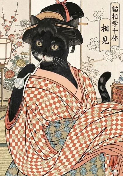 ビードロを吹く黒猫娘浮世絵Black Cat Girl Blowing a Glass Pipe Ukiyo-e - 縁糸