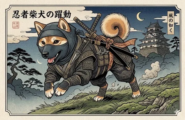 柴犬忍者浮世絵Shiba Inu Ninja Castle Ukiyo-e - 縁糸
