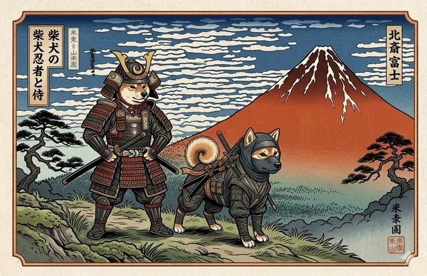 柴犬侍忍者赤富士浮世絵Shiba Inu Samurai & Ninja Ukiyo-e - 縁糸