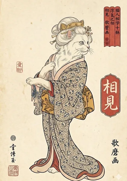 猫娘見返り浮世絵Cat Girl Looking-Back Beauty Ukiyo-e - 縁糸