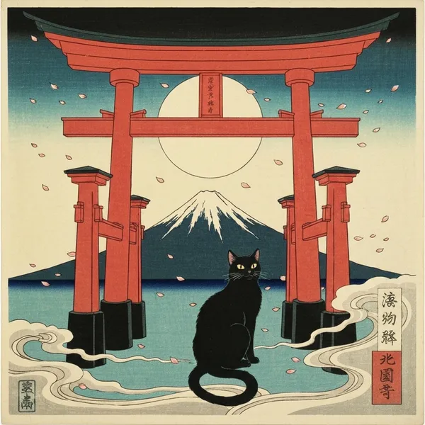 黒猫鳥居浮世絵Black Cat Torii Ukiyo-e - 縁糸