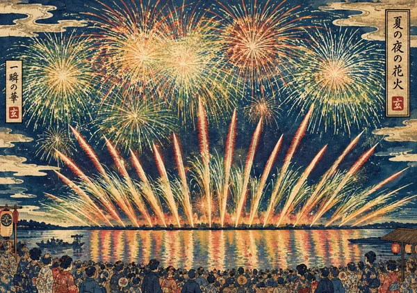 なにわ淀川花火大会浮世絵2 Naniwa Yodogawa Fireworks Festival Ukiyo-e 2 - 縁糸