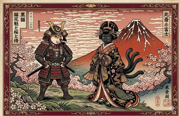 黒猫花魁柴犬侍赤富士浮世絵Shiba Inu Samurai & Black Cat Oiran Ukiyo-e - 縁糸