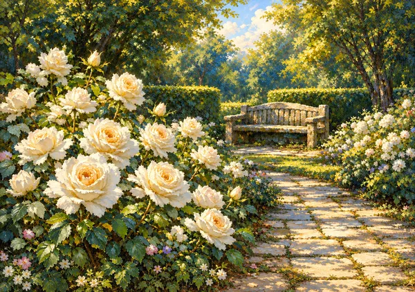 英国庭園の白い薔薇｜木漏れ日が美しいローズガーデンの風景画｜高級インテリアアート・ジークレープリント - MASAYA YOSHII