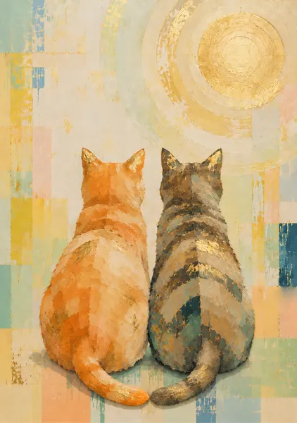 ふたりで見つめる未来｜寄り添う2匹の猫と金色の光を描いた現代抽象アート・リビング、玄関、寝室におすすめのおしゃれなインテリア絵画・猫好きへのプレゼントや新築祝い・結婚祝いに - MASAYA YOSHII
