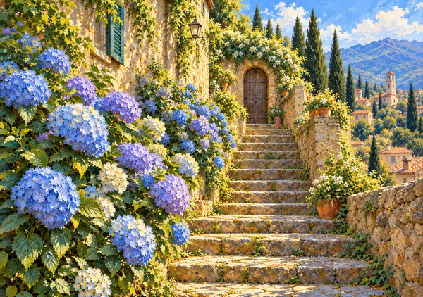 青い紫陽花が彩るトスカーナの石段｜イタリア風景画・油彩画風アートポスター・インテリア絵画 - MASAYA YOSHII