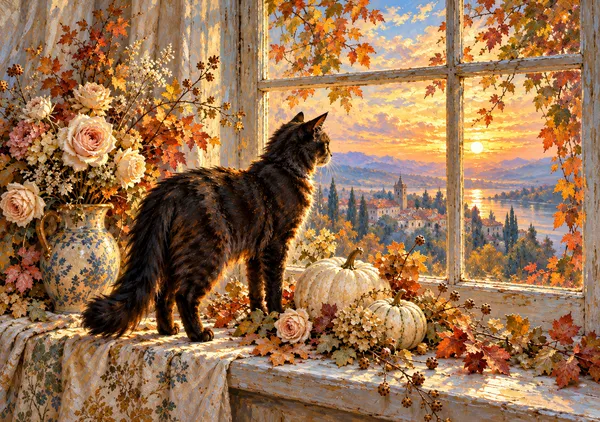秋色の窓辺と黄昏の黒猫｜ハロウィーンを彩る猫のインテリア絵画・印象派風アート - MASAYA YOSHII
