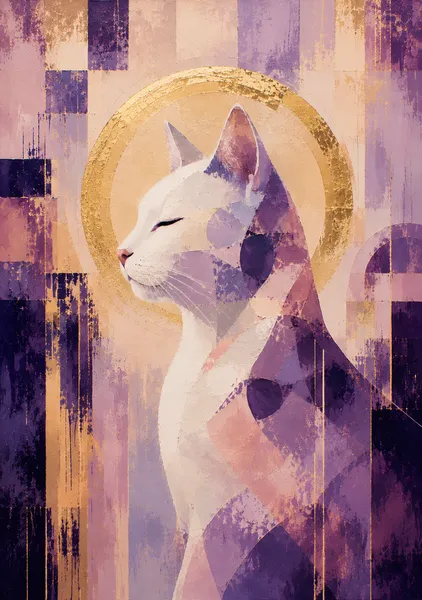 静寂の光に包まれて｜白猫をゴールドと紫で描いた現代抽象アート・リビング、ダイニング、玄関におすすめのおしゃれなインテリア絵画・猫好きへのプレゼントや新築祝い・開店祝いに - MASAYA YOSHII