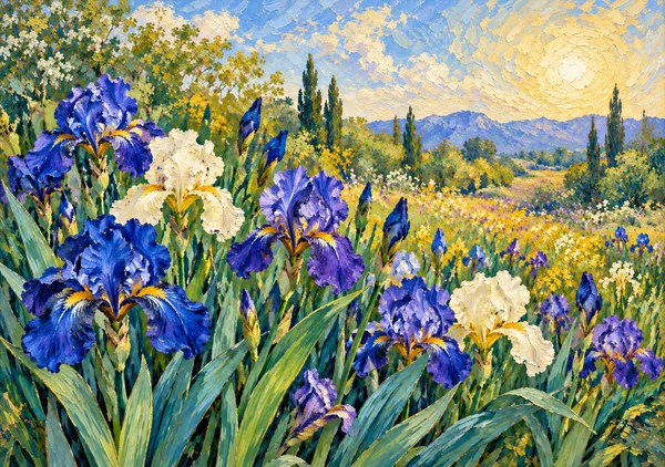 陽光に咲くアイリスの庭｜青紫の花と風景のアート｜油彩調ジークレープリント - MASAYA YOSHII