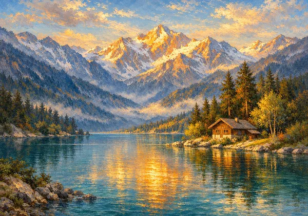 アルプスの湖と黄金の朝｜雪山と湖面に輝く朝日を描いた風景画｜高級インテリアアート・ジークレープリント - MASAYA YOSHII