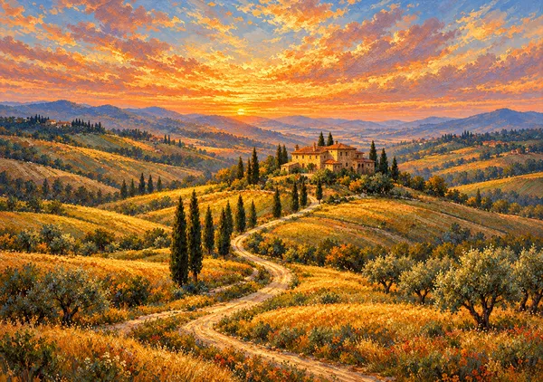 夕映えのトスカーナ丘陵｜糸杉の並木道と黄金色の夕焼けを描いた風景画｜ジークレーアートプリント - MASAYA YOSHII