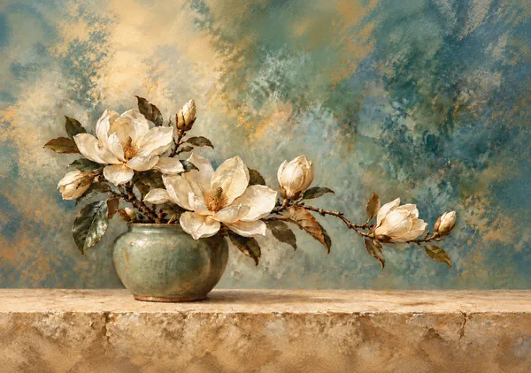 白木蓮の静寂｜モクレンの花を描いた油彩風ジークレーアート・横長インテリア絵画 - MASAYA YOSHII