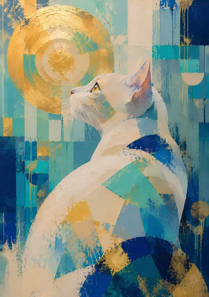 蒼光の彼方へ｜金色の円を見上げる白猫をブルーとゴールドで描いた現代抽象アート・リビング、玄関、書斎におすすめのおしゃれなインテリア絵画・猫好きへのプレゼントや新築祝い・開店祝いに - MASAYA YOSHII