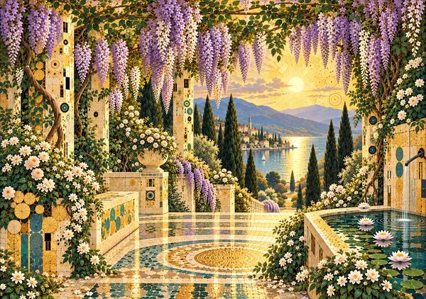 黄金の湖畔庭園 ― 藤の花と金彩モザイクのアートプリント - MASAYA YOSHII