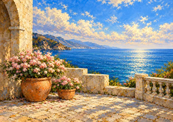 地中海の花咲くテラス｜青い海とピンクの花が美しい油彩風の風景画｜高級インテリアアート・ジークレープリント - MASAYA YOSHII