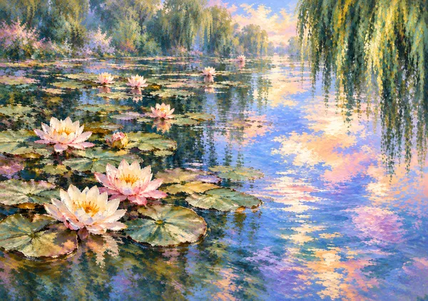 睡蓮の池と柳 ― 光がきらめく水辺｜印象派風・花と風景のアートプリント - MASAYA YOSHII