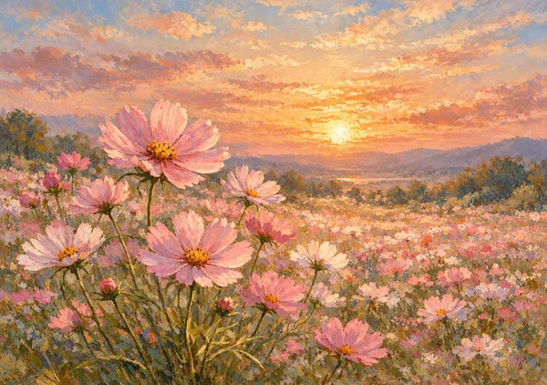 夕映えのコスモス畑｜夕焼けと花のインテリア絵画・印象派風アート - MASAYA YOSHII