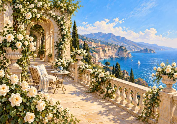 海を望む白い薔薇のテラス｜地中海の風景画・アンティーク油彩風インテリア絵画 - MASAYA YOSHII