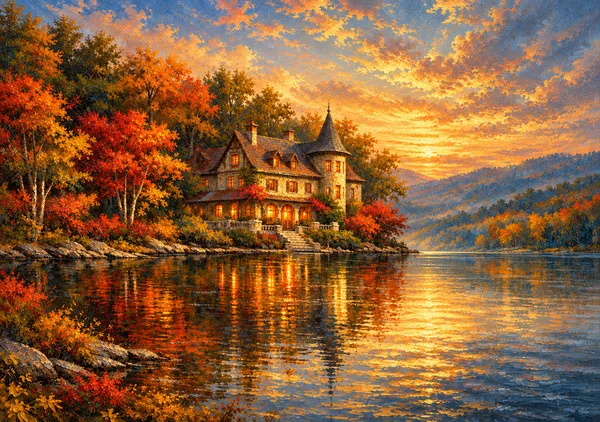 秋色に染まる湖畔の別荘｜紅葉と黄金の夕陽が美しいヨーロッパ風景画｜ジークレーアートプリント - MASAYA YOSHII