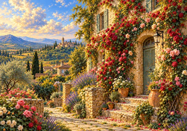 トスカーナの薔薇咲く小径｜イタリア風景画・油彩画風アートポスター - MASAYA YOSHII