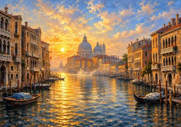 ヴェネツィア大運河の夕映え｜黄金の夕陽が輝くイタリア風景画｜高級インテリアアート・ジークレープリント - MASAYA YOSHII