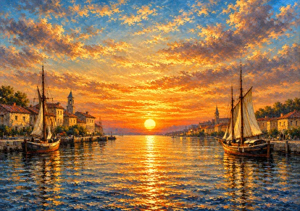 黄金の港｜夕焼けと帆船を描いた油彩風の風景画・アートプリント - MASAYA YOSHII