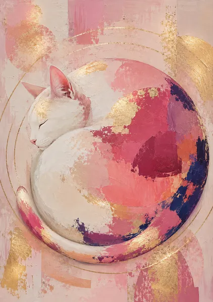 やすらぎの輪｜丸く眠る白猫をピンクとゴールドで描いた現代抽象アート・リビング、寝室、玄関におすすめのおしゃれなインテリア絵画・猫好きへのプレゼントや新築祝い・開店祝いに - MASAYA YOSHII