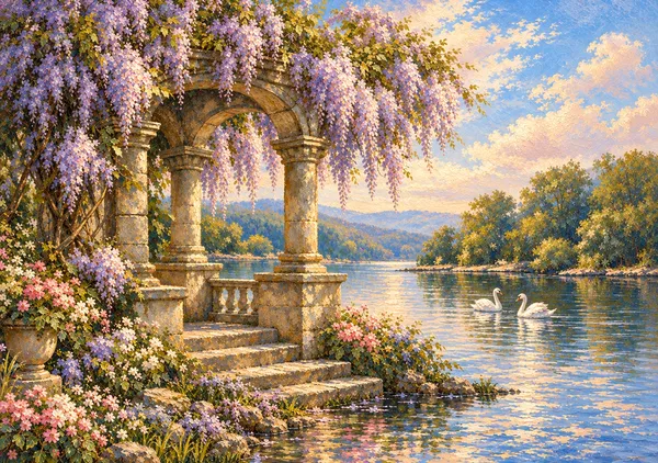 湖畔の藤棚と二羽の白鳥｜藤の花が彩る油彩風の風景画・デジタルAIアートプリント - MASAYA YOSHII