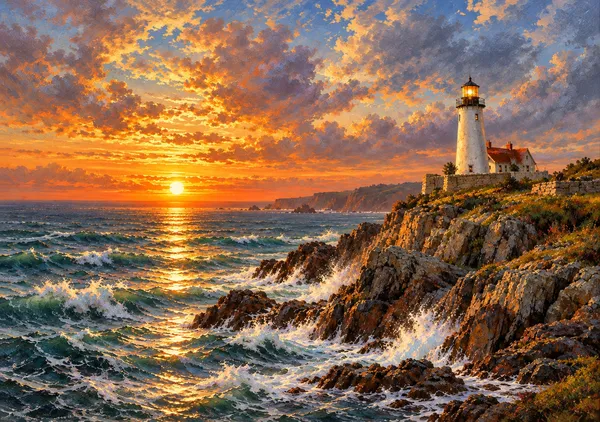 夕陽に輝く岬の灯台｜海の風景画・油彩画風アートポスター・インテリア絵画 - MASAYA YOSHII