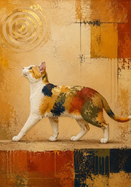 希望の光を見上げて｜金色の光を見上げる猫を描いたゴールドの現代抽象アート・リビング、玄関、店舗におすすめのおしゃれなインテリア絵画・猫好きへのプレゼントや新築祝い・開店祝いに - MASAYA YOSHII