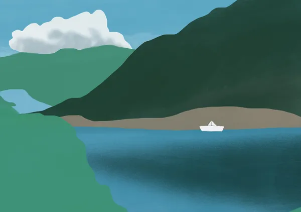 Serene Coastal Bay & Sailboat in Emerald & Indigo - Little Dean