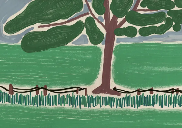 Meadow Tree & Wooden Fence in Emerald & Sage - Little Dean