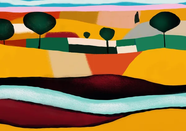 Vibrant Landscape Strata in Crimson, Ochre & Teal - Little Dean