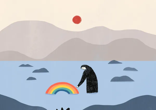 Figure & Rainbow by the Shore with Red Sun - Little Dean