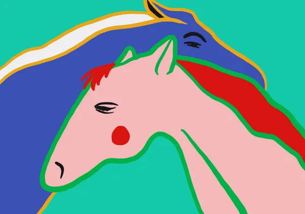 Nuzzling Horses in Emerald, Cobalt & Coral - Little Dean
