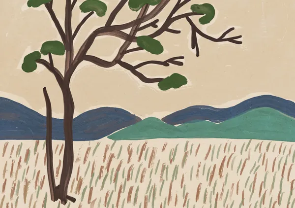 Stylized Trees over Rolling Hills in Sage & Ochre - Little Dean