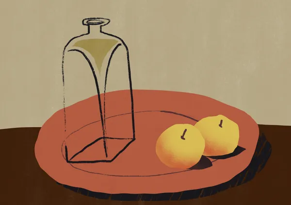Still Life with Glass Decanter & Lemons in Terracotta & Ochre - Little Dean