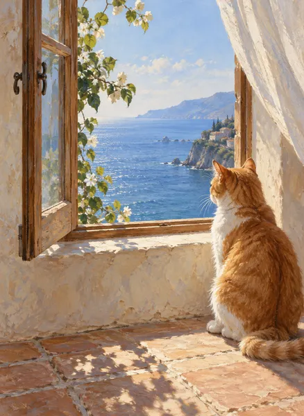 窓の向こうの海と猫 - Yunaria