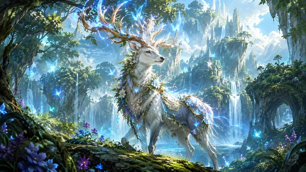 魔法の森の神秘的な白鹿 ― 幻想的なファンタジーアート English: Mystical White Stag in the Enchanted Forest – Fantasy Wall Art - 都合賢一