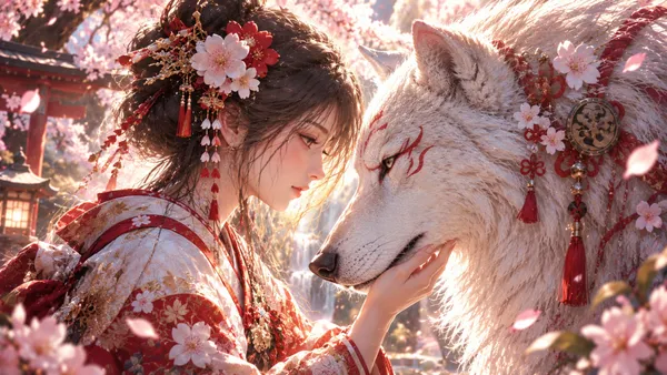 桜の姫君と白狼 ― 幻想の和風ファンタジー Princess and White Wolf Under the Cherry Blossoms – Japanese Fantasy Art - 都合賢一