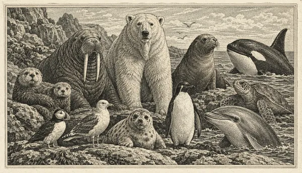 アンティーク版画風・極地の動物たちす - 都合賢一