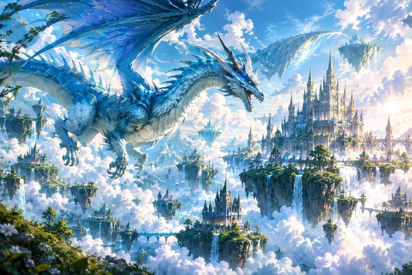 Legendary Blue Dragon of the Floating Isles – Fantasy Wall Art 浮遊する島々の伝説の青いドラゴン ― ファンタジーアート - 都合賢一