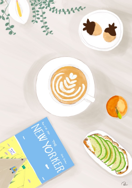 Cafe latte and avocado toast - Hirai Ai