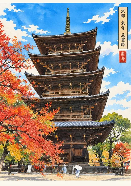 紅葉を左に寄せた東寺五重塔 - MATSUTOMI HAYASHI