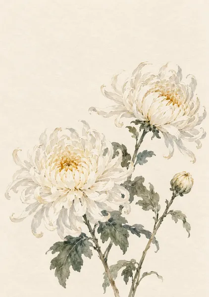 白菊の静香 — 生成りと黄土の花 - 墨一筆
