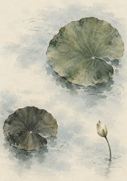 水庭の余白 — 灰緑と淡青の水辺アート - 墨一筆