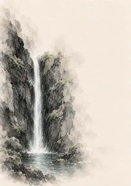 滝のひとすじ — 墨と青磁灰の水景アート - 墨一筆