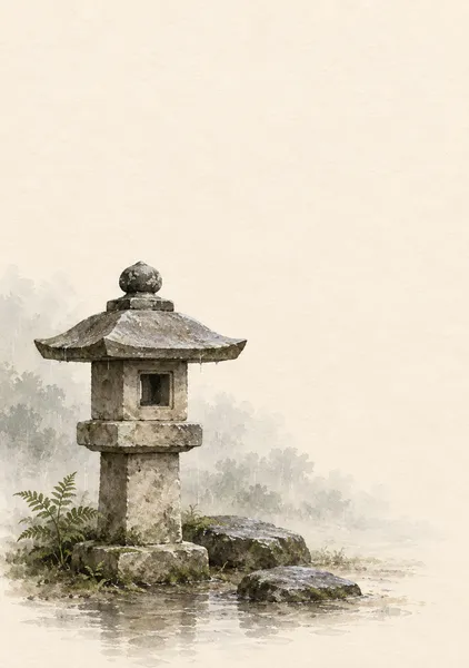 石灯籠の雨あと — 苔灰と墨の庭 - 墨一筆