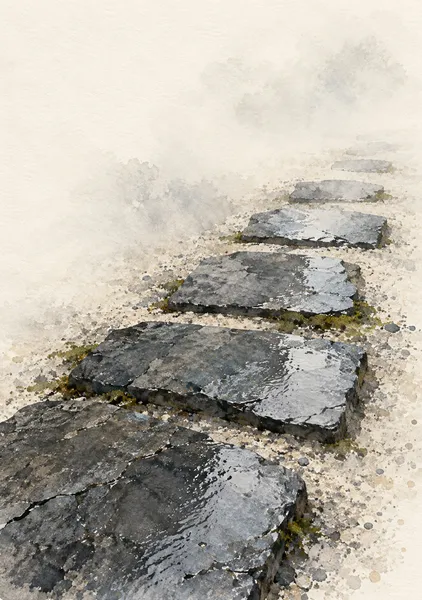 雨あとの小径 — 墨と青灰の石畳アート - 墨一筆